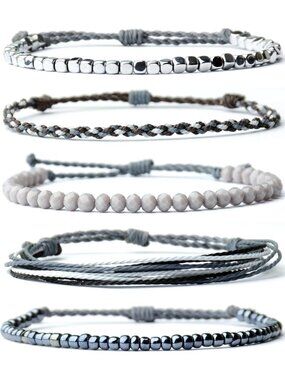 Handmade Waterproof Rope & Beaded Bracelet Set - 5 Stackable Bohemian